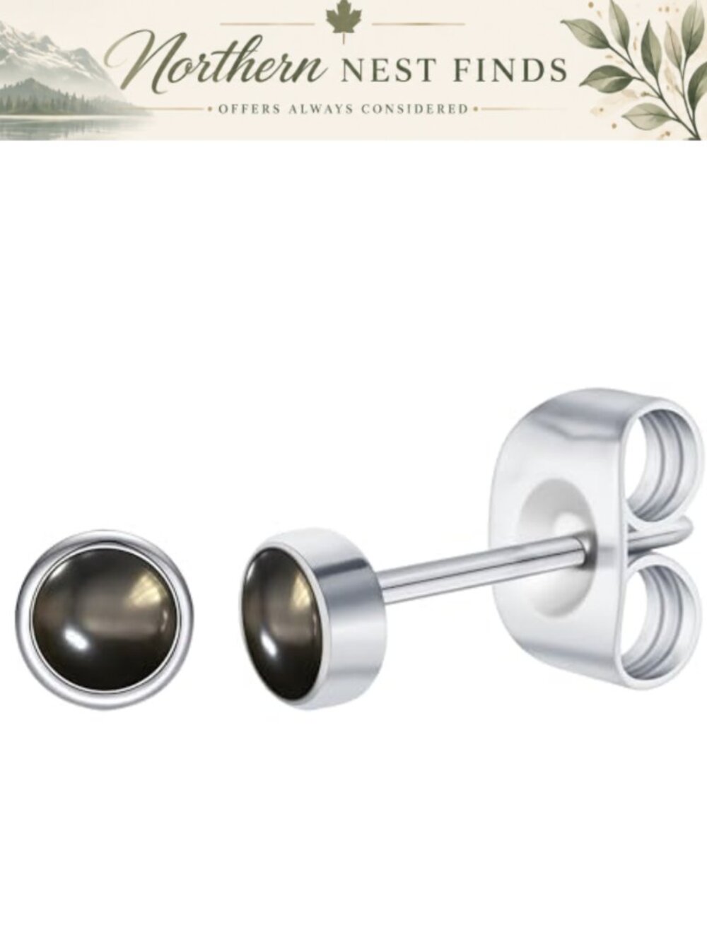 Titanium Stud Earrings Hypoallergenic Obsidian Inlay Minimalist Unisex